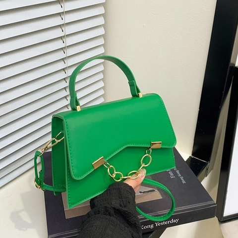 Women PU Leather Crossbody Bag Gold Chain Decor Flap Top Handle Small Square Shoulder Handbag Versatile Chic