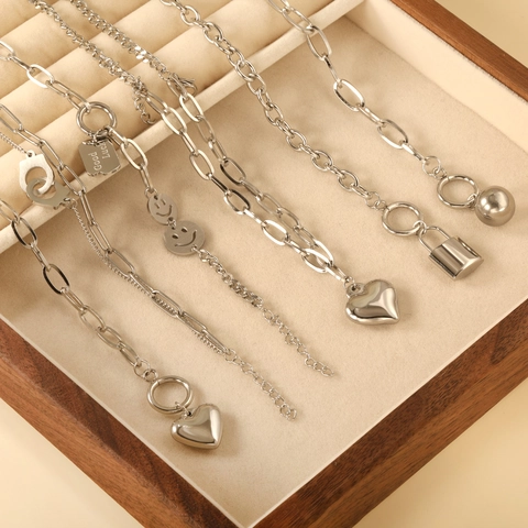 Trendy Stainless Steel Gold Silver Bracelet For Women Heart Smile Face Lock Handcuffs Double Layer Chain Jewelry Gift