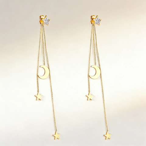 Orecchini A Pendaglio Con Nappa Lunga Stella E Luna In Acciaio Inossidabile Placcato Oro Zirconia Cubica Moda