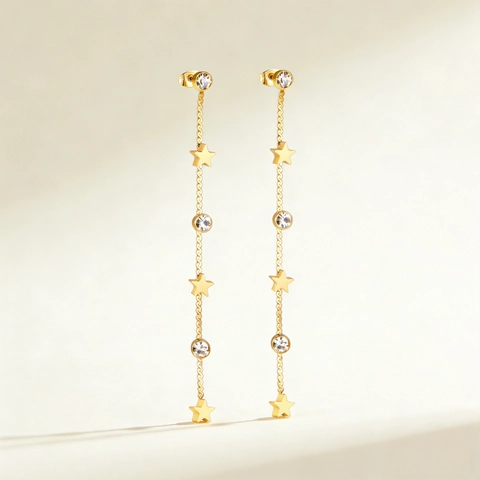 Orecchini A Pendaglio Con Nappa Lunga Stella E Luna In Acciaio Inossidabile Placcato Oro Zirconia Cubica Moda