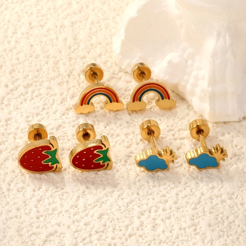 Pendientes de Botón de Acero Inoxidable para Mujer Chapados en Oro Lindo Arcoíris Nube Fresa Concha Diseño Cierre de Rosca Joyería Minimalista