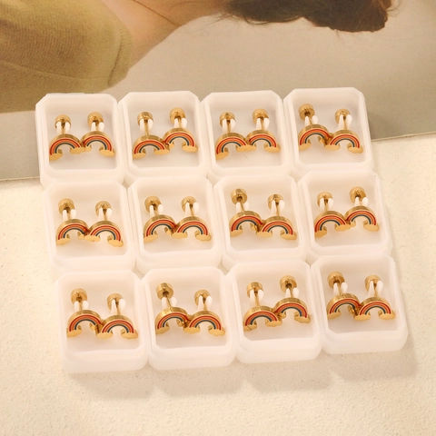 Pendientes de Botón de Acero Inoxidable para Mujer Chapados en Oro Lindo Arcoíris Nube Fresa Concha Diseño Cierre de Rosca Joyería Minimalista