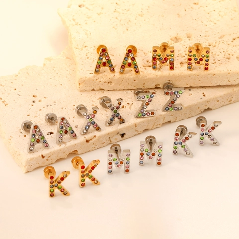 Alphabet Initial Letter Stud Earrings Gold Plated Stainless Steel Colorful Rhinestone Twist Screw Back