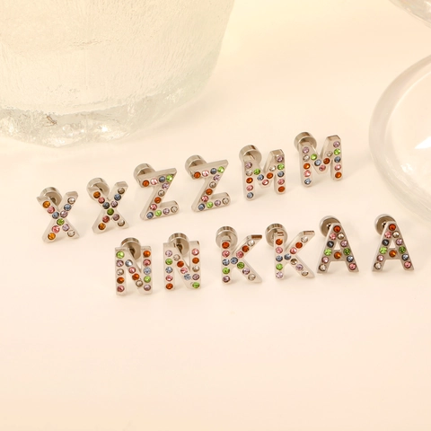 Alphabet Initial Letter Stud Earrings Gold Plated Stainless Steel Colorful Rhinestone Twist Screw Back