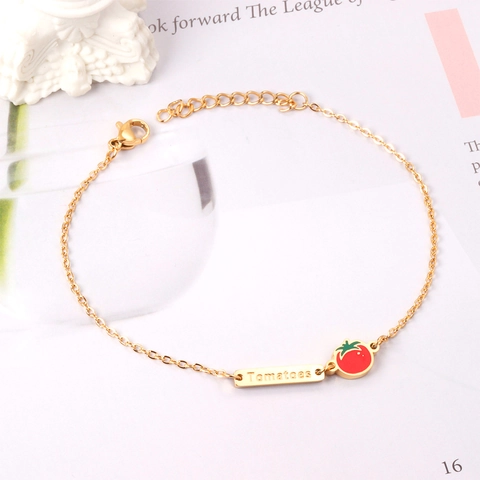 Bracelet à Breloques Fruits Nourriture Mignon Pour Femmes Acier Inoxydable Plaque Or Émail Ananas Tomate Bijoux Cadeau