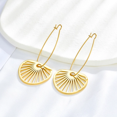 Stainless Steel Gold Plated Drop Earrings For Women Elegant Fan Leaf Snowflake Hollow Flower Pattern Zirconia Ear Jewelry