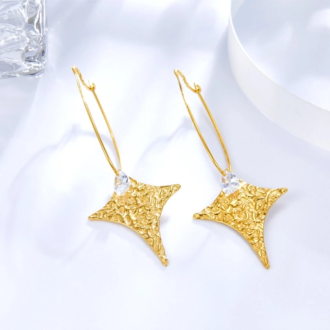 Stainless Steel Gold Plated Drop Earrings For Women Elegant Fan Leaf Snowflake Hollow Flower Pattern Zirconia Ear Jewelry