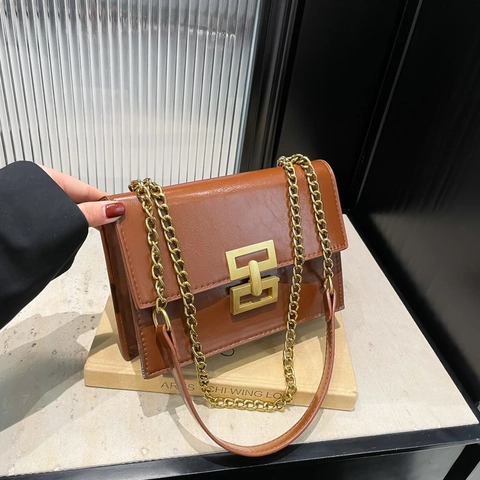 2025 Nuova Borsa a Tracolla in Pelle PU Retrò da Donna con Catena d'Oro Chiusura Geometrica Piccola Borsa a Spalla Quadrata