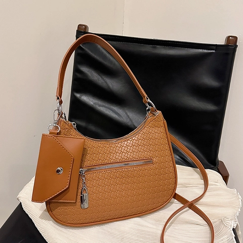 Women Woven PU Synthetic Leather Underarm Bag Minimalist Crescent Crossbody Bag With Detachable Mini Pouch Zipper Hobo Bag