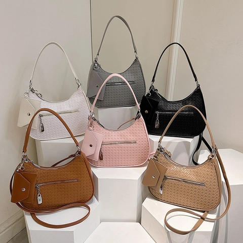 Women Woven PU Synthetic Leather Underarm Bag Minimalist Crescent Crossbody Bag With Detachable Mini Pouch Zipper Hobo Bag