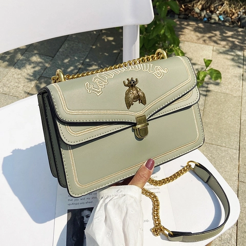 Women Vintage Small Square Crossbody Bag PU Leather Metal Bee Decor Embroidery Chain Shoulder Bag Fashion Accordion Handbag