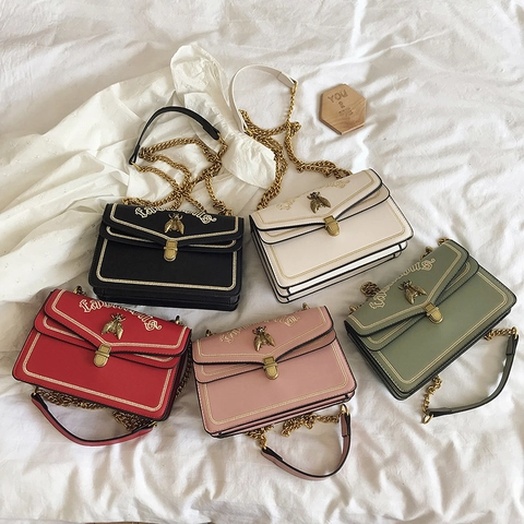 Women Vintage Small Square Crossbody Bag PU Leather Metal Bee Decor Embroidery Chain Shoulder Bag Fashion Accordion Handbag