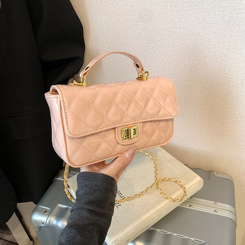 Women Quilted Patent PU Leather Crossbody Bag Small Square Handbag With Metal Chain Strap And Turn Lock For Daily Fashion
