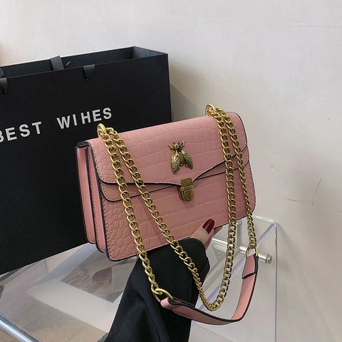 Women Vintage Crocodile Pattern Crossbody Bag Small Square PU Leather Shoulder Bag With Golden Bee Buckle Chain Strap