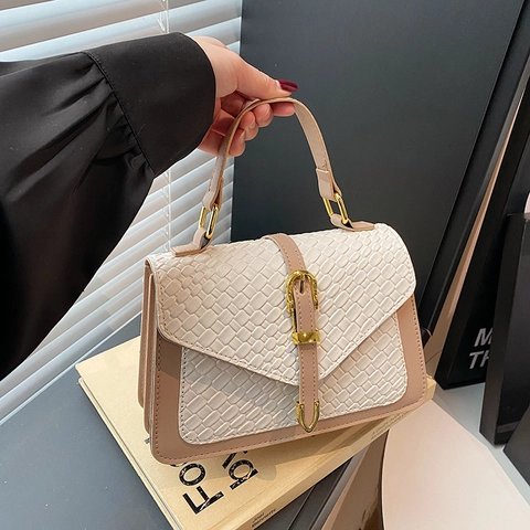Women Woven Texture Crossbody Bag PU Leather Handbag With Wide Geometric Pattern Strap Golden Buckle Small Square Purse