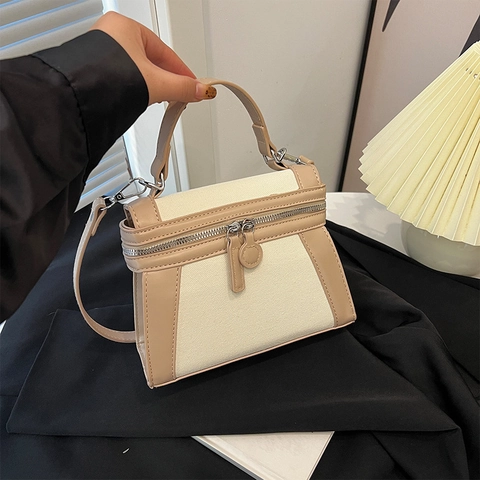 Bolso Bandolera Vintage Niche Lona PU Cuero Patchwork Bolso De Mano Mujer Color Contraste Forma Trapezoide Cremallera