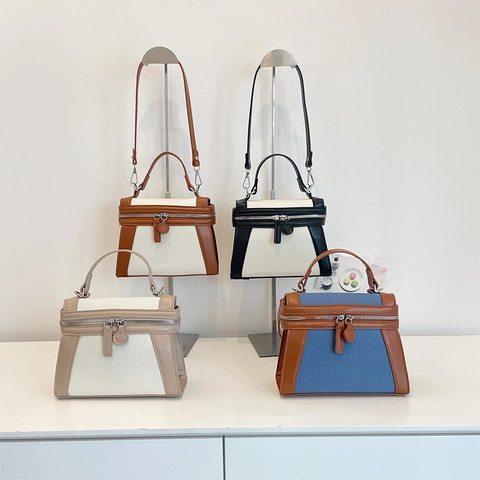 Bolso Bandolera Vintage Niche Lona PU Cuero Patchwork Bolso De Mano Mujer Color Contraste Forma Trapezoide Cremallera