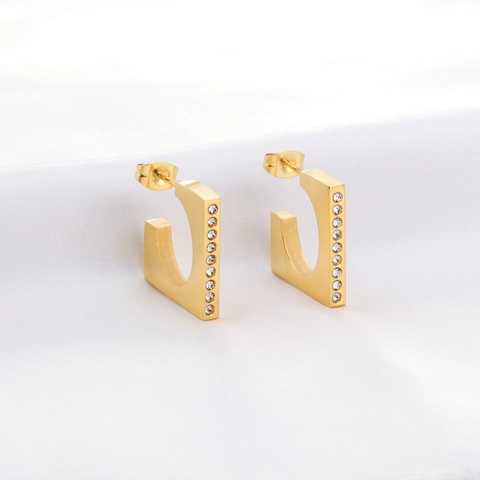 Geometric Hoop Earrings Gold Plated Stainless Steel Rectangular Cubic Zirconia Minimalist Jewelry For Women Modern Style