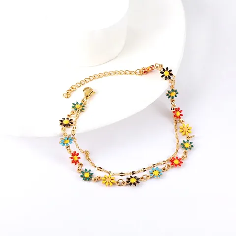 Cavigliere Doppio Strato Acciaio Inossidabile Placcato Oro Multicolore Malocchio Margherita Smiley Gioielli Mare Boho