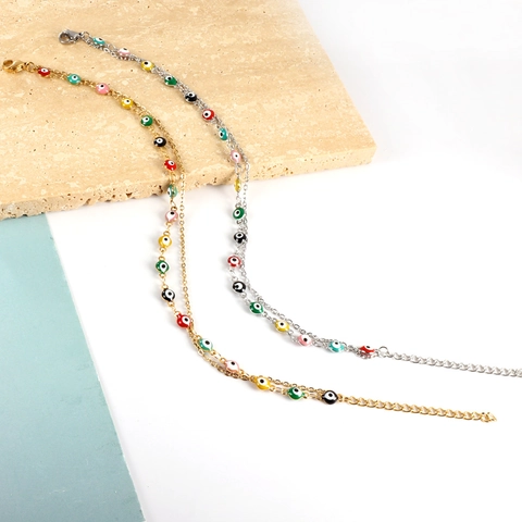 Cavigliere Doppio Strato Acciaio Inossidabile Placcato Oro Multicolore Malocchio Margherita Smiley Gioielli Mare Boho