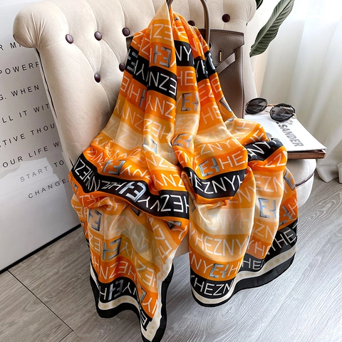 Elegante Sciarpa Lunga Da Donna Moda Effetto Raso Satine Scialle Stampa Di Lettere Morbido Leggero Accessori Protezione Solare