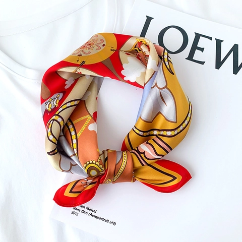 Vintage Mulberry Satin Square Scarf For Women Fashion Printed Artistic Dunhuang Style Decorative Small Neck Satin Wrap