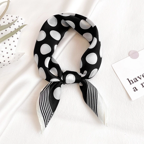 Women Mulberry Satin Square Scarf Polka Dot Striped Border Neck Tie Hair Band Bag Accessory Elegant Retro Fashion Scarf