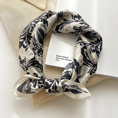 Elegant Mulberry Satin Square Scarf Vintage Damask Print Decorative Neck Head Kerchief For Women Luxury Smooth Wrap