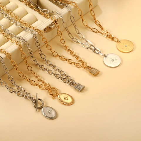 Fashion Stainless Steel Necklace For Women Gold Silver Plated Oval Pendant Sun Moon Star Lock Toggle Clasp Jewelry Gift