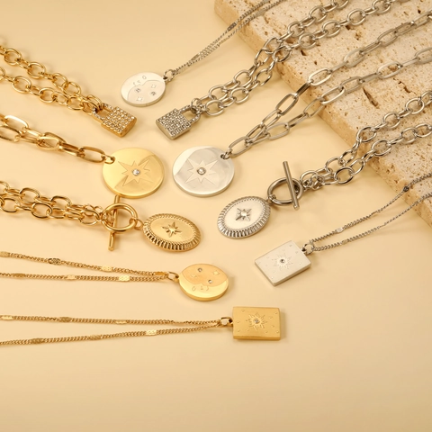Fashion Stainless Steel Necklace For Women Gold Silver Plated Oval Pendant Sun Moon Star Lock Toggle Clasp Jewelry Gift