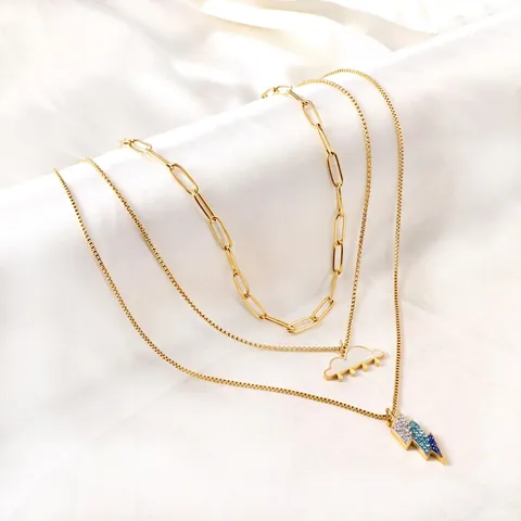 Layered Stainless Steel Necklace With Cloud And Gradient Blue Rhinestone Lightning Pendants For Women Paperclip Chain