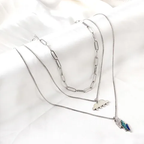 Layered Stainless Steel Necklace With Cloud And Gradient Blue Rhinestone Lightning Pendants For Women Paperclip Chain