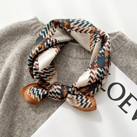 Elegant Mulberry Satin Square Scarf For Women Houndstooth Plaid Harp Pattern Satin Neckerchief