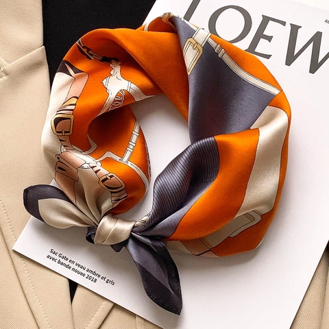Women Mulberry Silk Square Scarf Vintage Equestrian Bridle Print Satin Neck Scarf Fashion Handkerchief Accessory