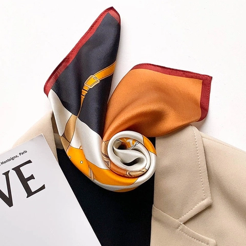Women Mulberry Silk Square Scarf Vintage Equestrian Bridle Print Satin Neck Scarf Fashion Handkerchief Accessory