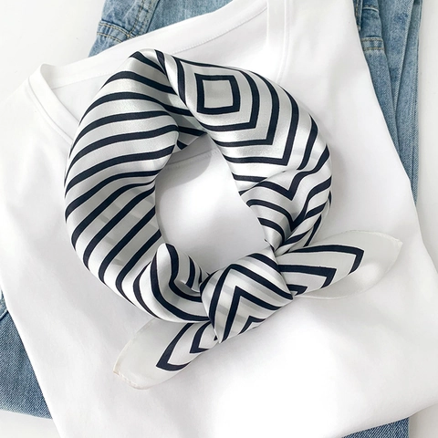 Mulberry Satin Square Scarf Geometric Stripe Professional Elegant Neck Scarf For Women Black And White