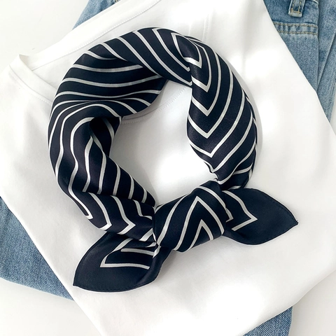 Mulberry Satin Square Scarf Geometric Stripe Professional Elegant Neck Scarf For Women Black And White