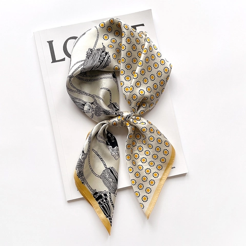 Mulberry Satin Square Scarf Vintage Print Floral Polka Dot Nautical Rope Elegant Neck Wrap Hair Accessory