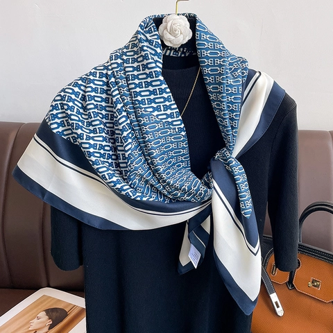 Elegant Women's Square Scarf Vintage Geometric Letter Print Neckerchief Twill Satin Like Polyester Fashion Wrap