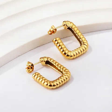 Rechteckige Creolen Vergoldet Edelstahl Gerippt Geometrisch U-Form Croissant Textur Stilvoller Schmuck Für Damen