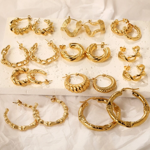 Chunky Hoop Earrings Gold Plated Stainless Steel Twisted Spiral Geometric Textured Fashion Jewelry For Women