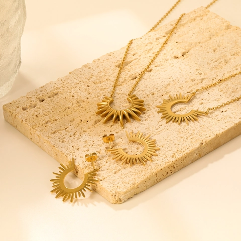 Semicircle Sunburst Necklace And Earrings Jewelry Gold Plated Stainless Steel Geometric Minimalist Boho For Women