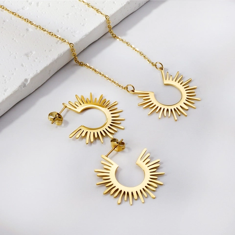 Semicircle Sunburst Necklace And Earrings Jewelry Gold Plated Stainless Steel Geometric Minimalist Boho For Women