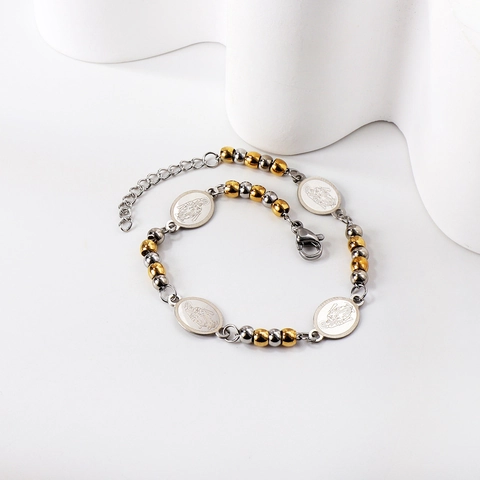 Pulsera De Cuentas De Acero Inoxidable Chapado En Oro Mujeres Corazón Cruz Retrato Religioso Charms Joyería De Cadena