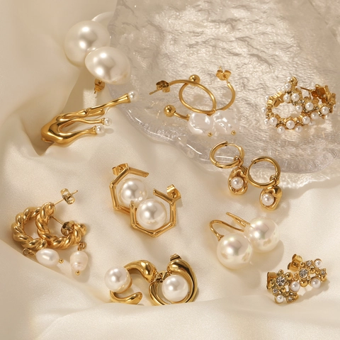 Artificial Baroque Pearl Earrings Stainless Steel Gold Plated Geometric Round Studs Luxury Retro Jewelry Women Accessories