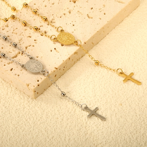 Pulsera de Rosario de Acero Inoxidable 316L para Mujer Chapado en Oro de 18K con Cruz y Medalla Religiosa Joyería de Cadena de Cuentas