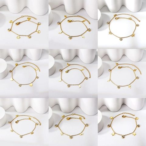 Minimalistisches Edelstahl Vergoldetes Fußkettchen Für Damen Zirkon Anhänger Herz Kreuz Stern Verstellbar Strand Schmuck