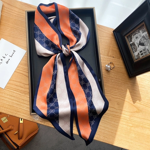 Fashion Narrow Skinny Scarf For Women Polyester Satin Striped Geometric Print Bag Ribbon Hair Tie Headband Accessory
