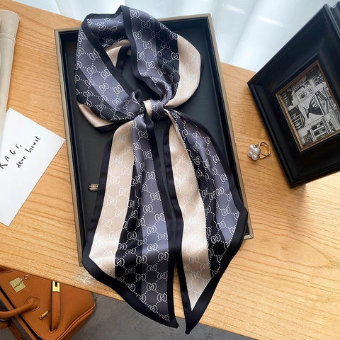 Fashion Narrow Skinny Scarf For Women Polyester Satin Striped Geometric Print Bag Ribbon Hair Tie Headband Accessory