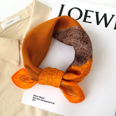 Mulberry Satin Square Scarf Vintage Neckerchief For Women Houndstooth Paisley Splicing Pattern Elegant Satin Neck Tie